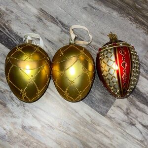 2 Santa’s Best Egg Ornaments gold glitter 1 WC ornate egg ornament large 5 in